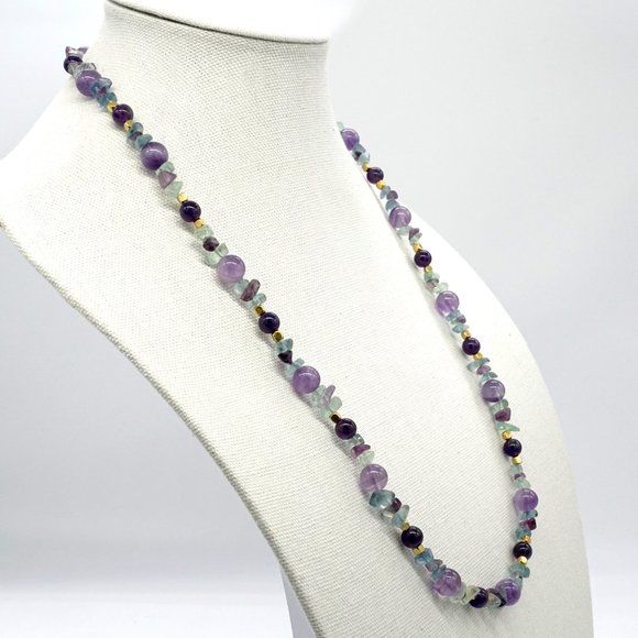 Necklace with Fluorite chips and Amethyst beads with gold accents. - Picture 2 of 6